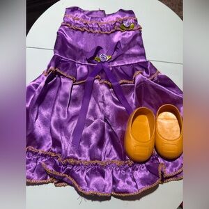 American girl formal purple satin dress sleeveless and matching gold shoes